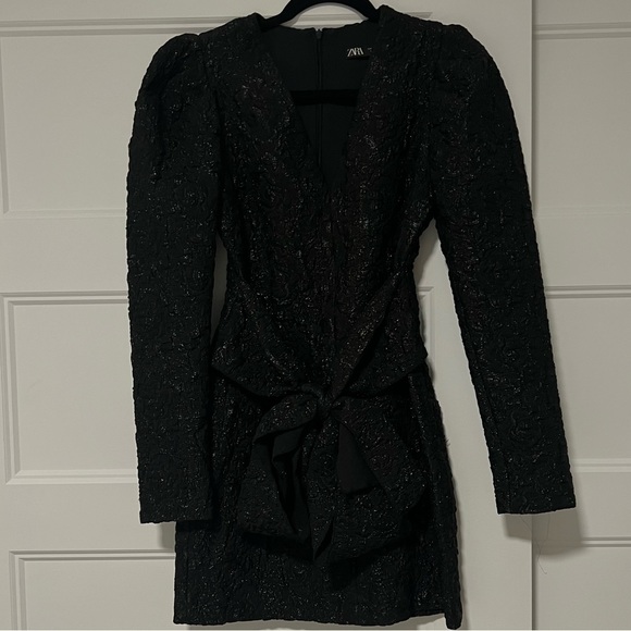 Zara puff sleeve textured weave dress with bow - Picture 4 of 10